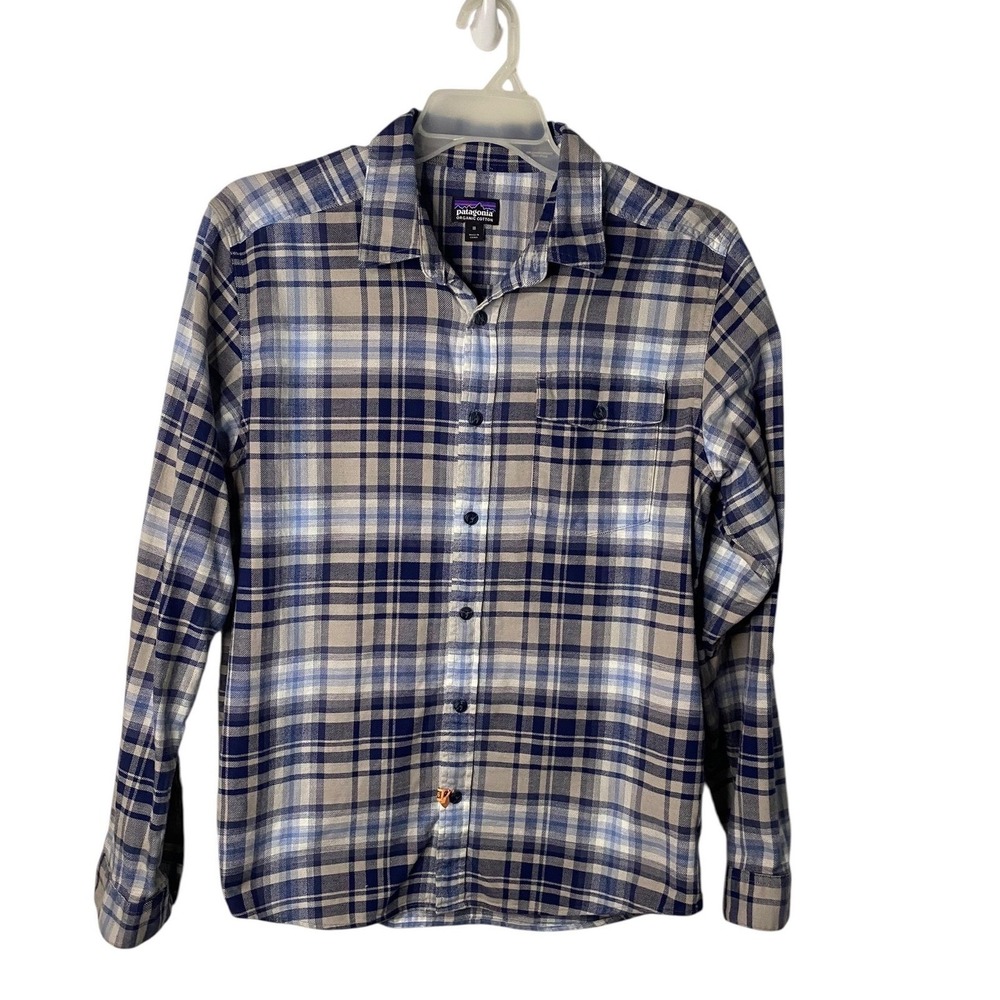 Patagonia Mens Blue Grey White Plaid Organic Cotton Long Sleeve Flannel Shirt M